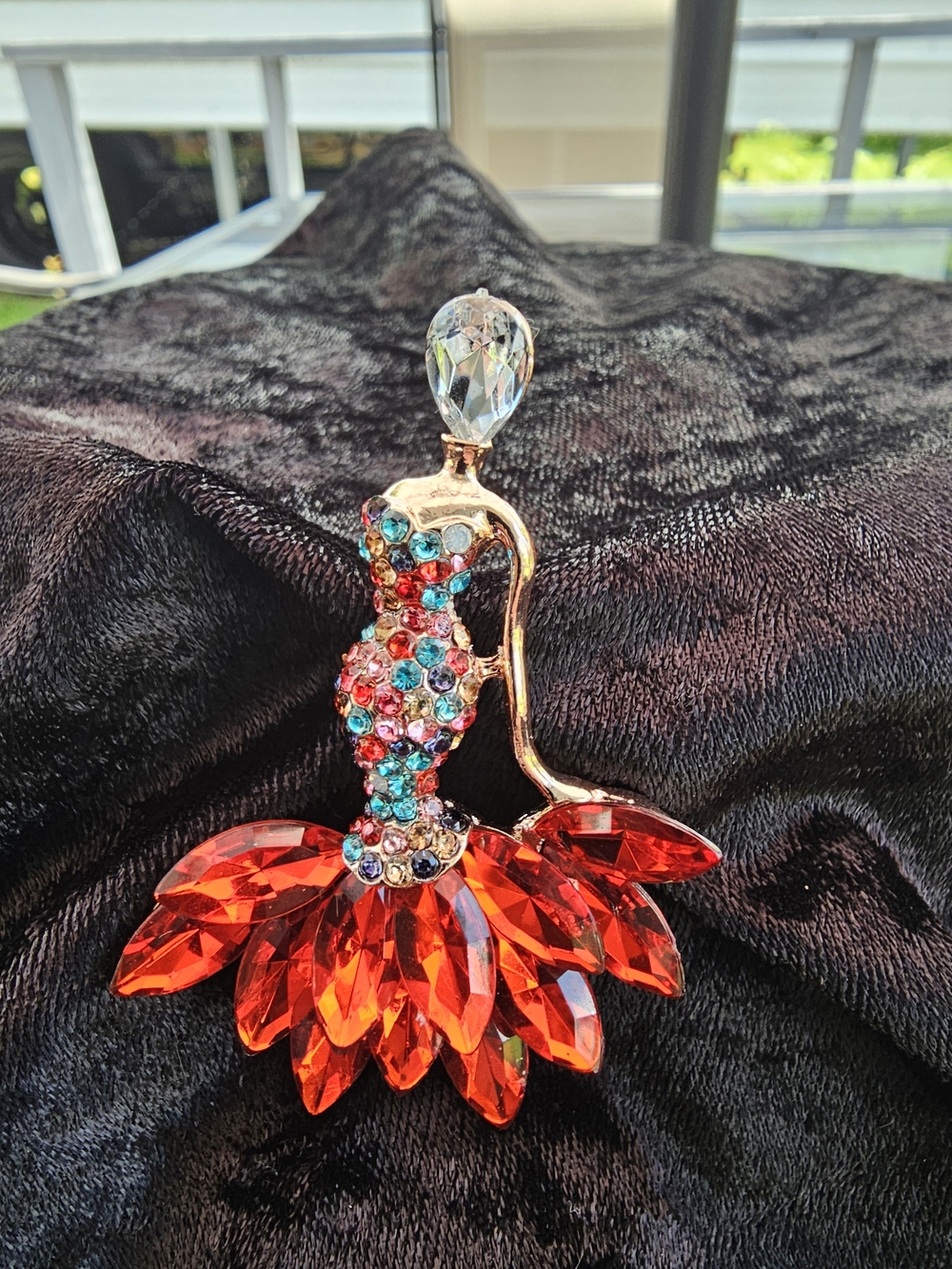 Crystal Red Cocktail Dress Brooch - Multicolor Rhinestone Accent